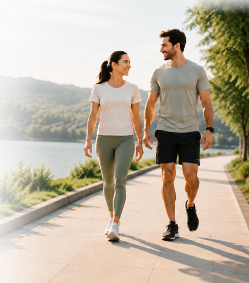 Casal saudável caminhando ao lado de um lago — bem-estar e equilíbrio com NexaNutri